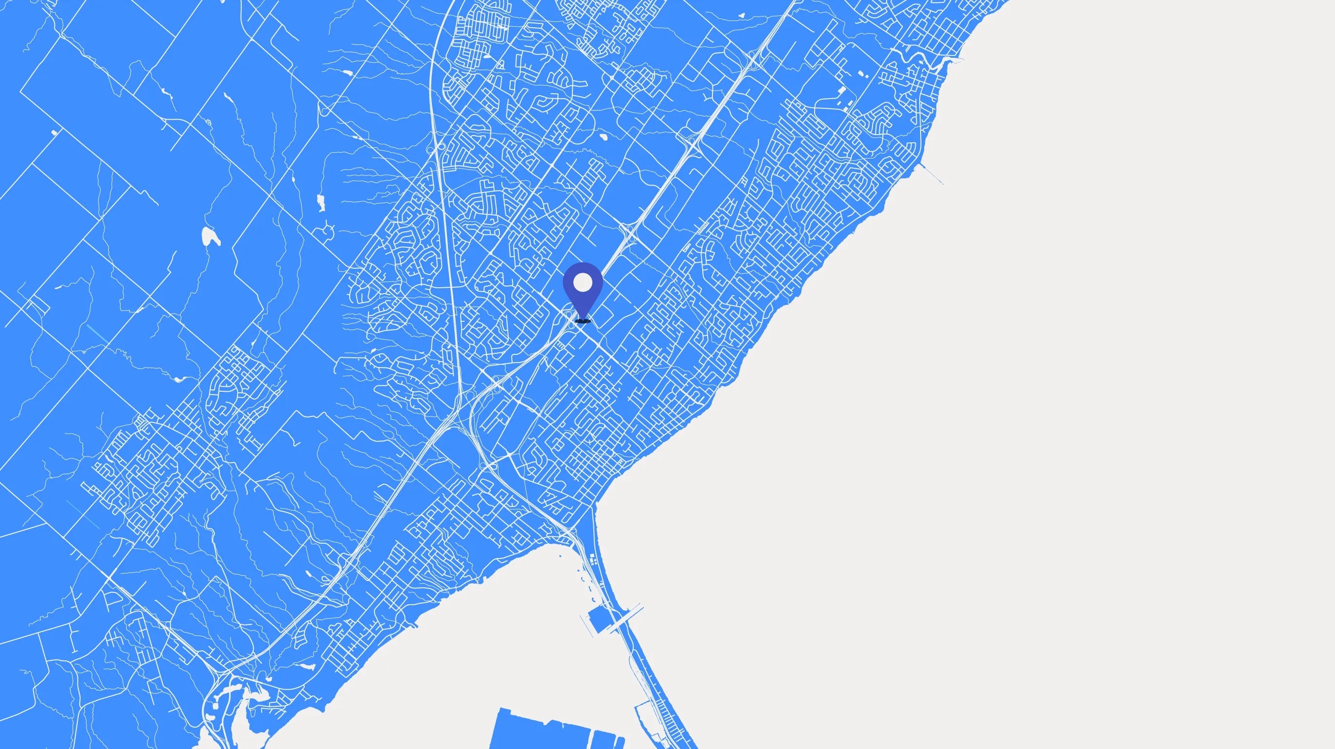 A map of Burlington, Ontario with a pin on the location of the Blueprint Insurance office