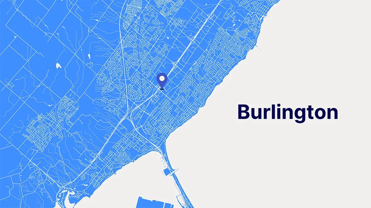 Map of Burlington, Ontario with a pin on the location of the Blueprint Insurance office