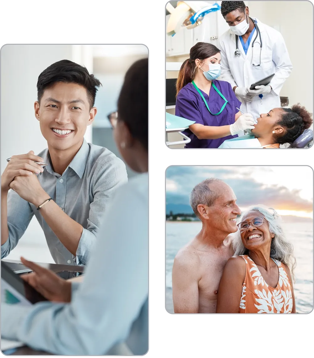Staggered images illustrating the dental, health care, and travel benefits available