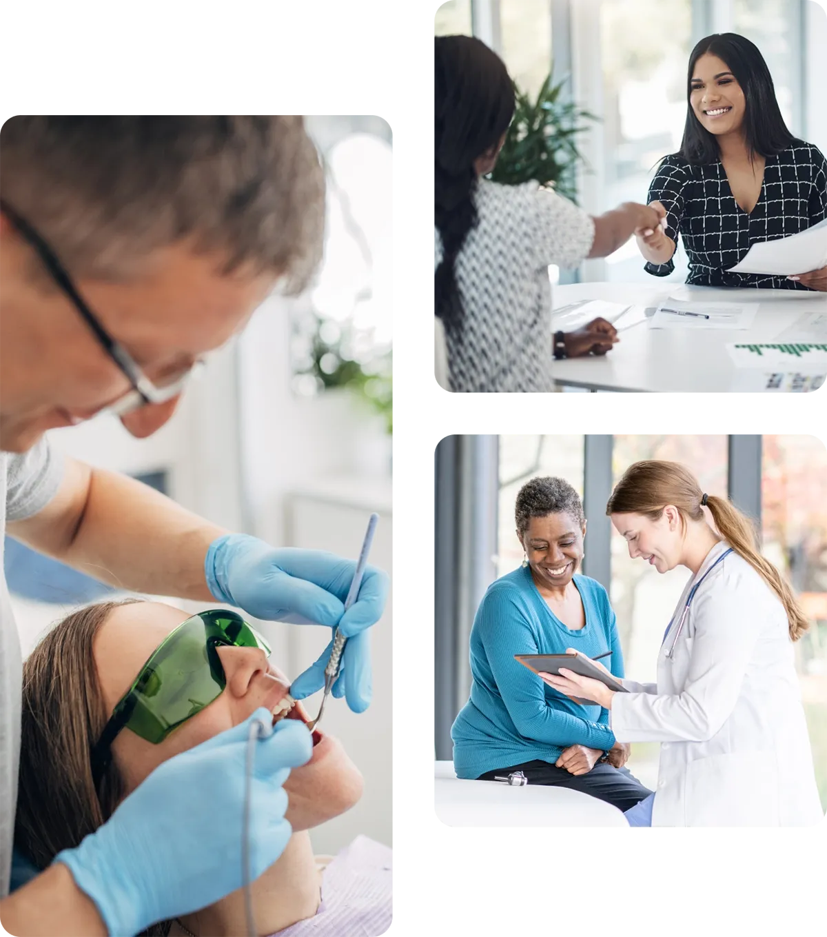 Staggered images illustrating the dental, health care, and travel benefits available