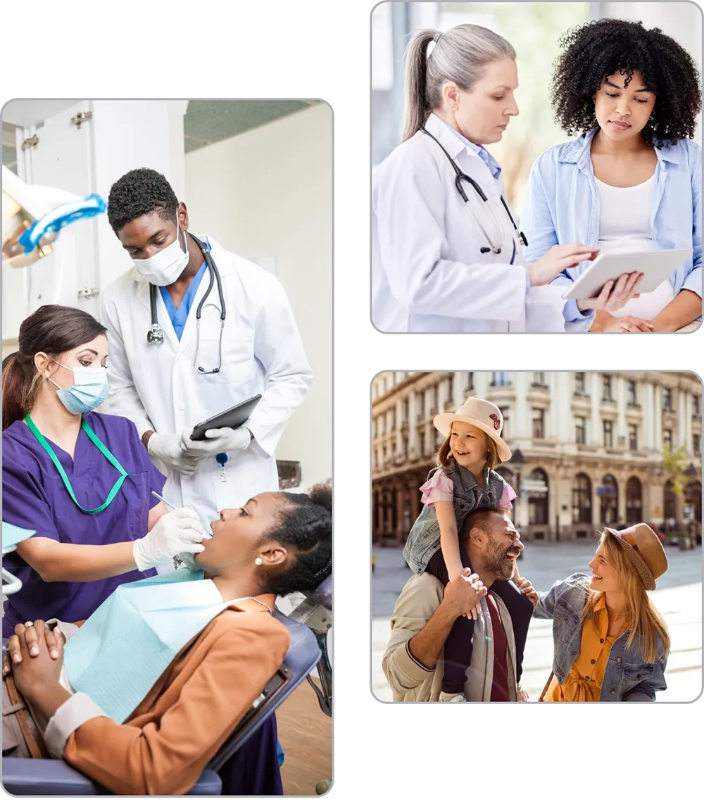Staggered images illustrating the dental, health care, and travel benefits available