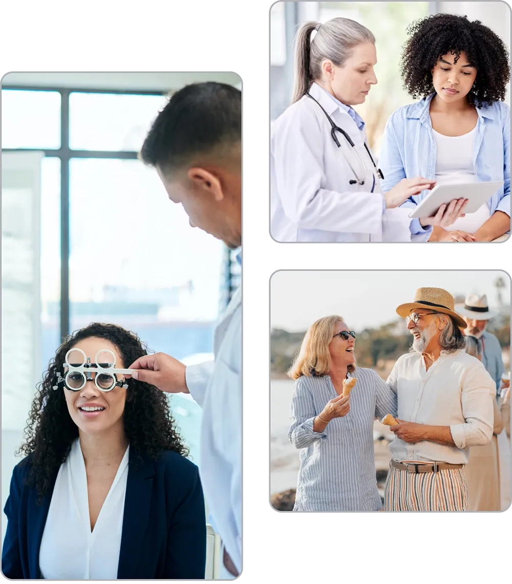 Staggered images illustrating the dental, health care, and travel benefits available