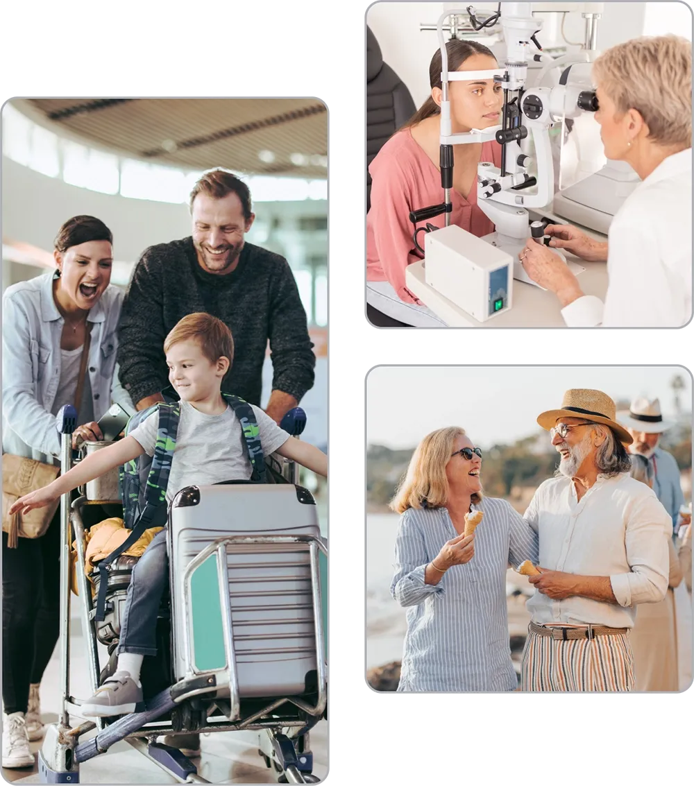 Staggered images illustrating the dental, health care, and travel benefits available